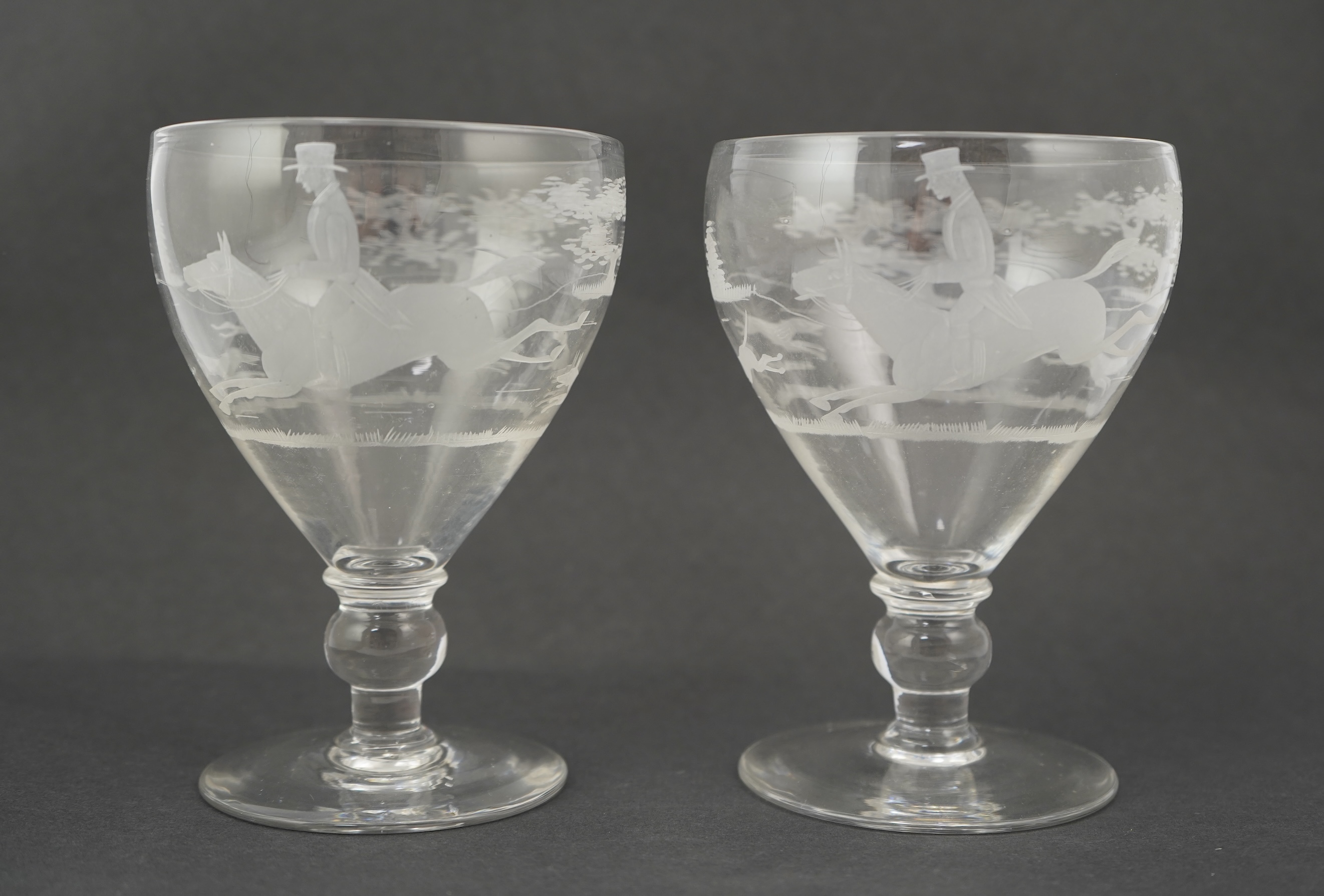 A pair of large late 18th century rummers with knopped stems